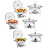 Garvee Round Chafing Dish Buffet Set 6 Pieces, 5QT Stainless Steel Food Warmer with Glass Lid, Lid Holder & Drip Tray for Parties Weddings Family Gathering
