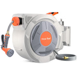 Garvee Retractable Garden Hose Reel 1/2 Inch x 130ft, Wall Mounted Hose Reel with 9 Function Sprayer Nozzle, Auto Rewind System, Any Length Lock, 180° Swivel Bracket, Durable PVC, Brass Couplings