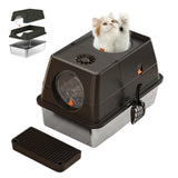 Garvee Large Stainless Steel Enclosed Cat Litter Box with Lid, 15.35'' Metal Kitty Litter Box, Flip Cover, Removable Top, Dog Proof, Tall, Silver - Black
