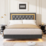 Garvee Floating Bed Frame Full Size with Smart LED Lights, Upholstered Platform Bed, Diamond Headboard, Grey, No Box Spring Needed - Grey