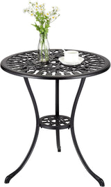 Garvee 23.4 in Round Cast Aluminum Patio Bistro Table with Umbrella Hole, Antique Tulip Design, Black, Outdoor Balcony Porch Backyard Poolside