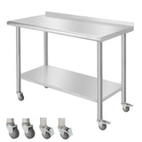 Garvee 48"L x 24"W x 35"H Nsf Commercial Stainless Steel Prep Table Work Table with Backsplash, Adjustable Undershelf,  Wheels, Heavy Duty Workbench Workstation for Home Kitchen Restaurant Outd - 
