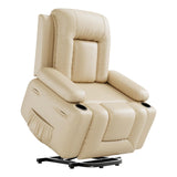 Garvee PU Leather Power Lift Recliner Chair With Massage and Heat, Adjustable Furniture for Back, Legs w/ 3 Positions, Usb Port, Side Pocket (Beige, 27" Seat Width+Cup Holders)