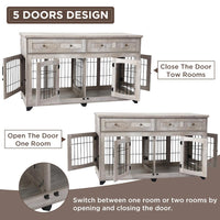 Garvee 2 Rooms Dog Crate Furniture for Big Breed,58" Wooden Dog Crate Table with 2 Drawers,Indoor Dog Kennel,Dog House,Dog Cage,TV Stand (Gray)