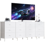 Garvee 70" Wide Dresser With 12 Fabric Drawers Charging Station For 65/75/80 Inch TV Large TV Stand & Entertainment Center Living Room Bedroom Entryway Rustic Wood Finish - White