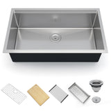 Garvee 30x19 Inch Undermount Kitchen Sink Single Bowl with Ledge, 1.35mm 304 Stainless Steel, Brushed Finish, Includes Bamboo Cutting Board, Dish Rack, Roll-up Drying Rack, Drain Kit - Silver