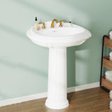 Garvee 26" x 20" Pedestal Sink White Ceramic Freestanding Vanity Vintage Bathroom Sink 3 Pre-Drilled Holes 8 Inch Faucets
