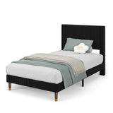 Garvee Twin Size Bed Frame Upholstered Headboard Corduroy Black Platform Bed Strong Wooden Slats Support - Black