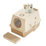 Garvee Large Stainless Steel Enclosed Cat Litter Box with Lid, 15.35'' Metal Kitty Litter Box, Flip Cover, Removable Top, Tall Covered Dog Proof, Silver - Khaki