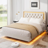 Garvee Floating Bed Frame Full Size with Smart LED Lights, Upholstered Platform Bed, Diamond Headboard, Solid Wood Slats, White - White