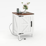 Garvee Rustic Farmhouse Nightstand with Charging Station, Barn Door, Adjustable Storage Shelf, 18" Wooden Small Bedside Table, Modern Two-Tier Nightstand & End Table for Bedroom