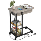 Garvee C Shaped Side Table with Charging Station, Flip Top Sofa End Table with USB Ports and Outlets for Living Room & Bedroom, Narrow Side Table with 3 Tier Storage Shelf for Small Spaces- Grey
