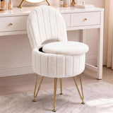 Garvee Small Modern Round Vanity Stool with Storage and Backrest, Soft Fabric Upholstery with Metal Frame, Easy Installation, Space-Saving, Easy to Clean & Move, Metal Legs, for Bedroom & Dressing, White