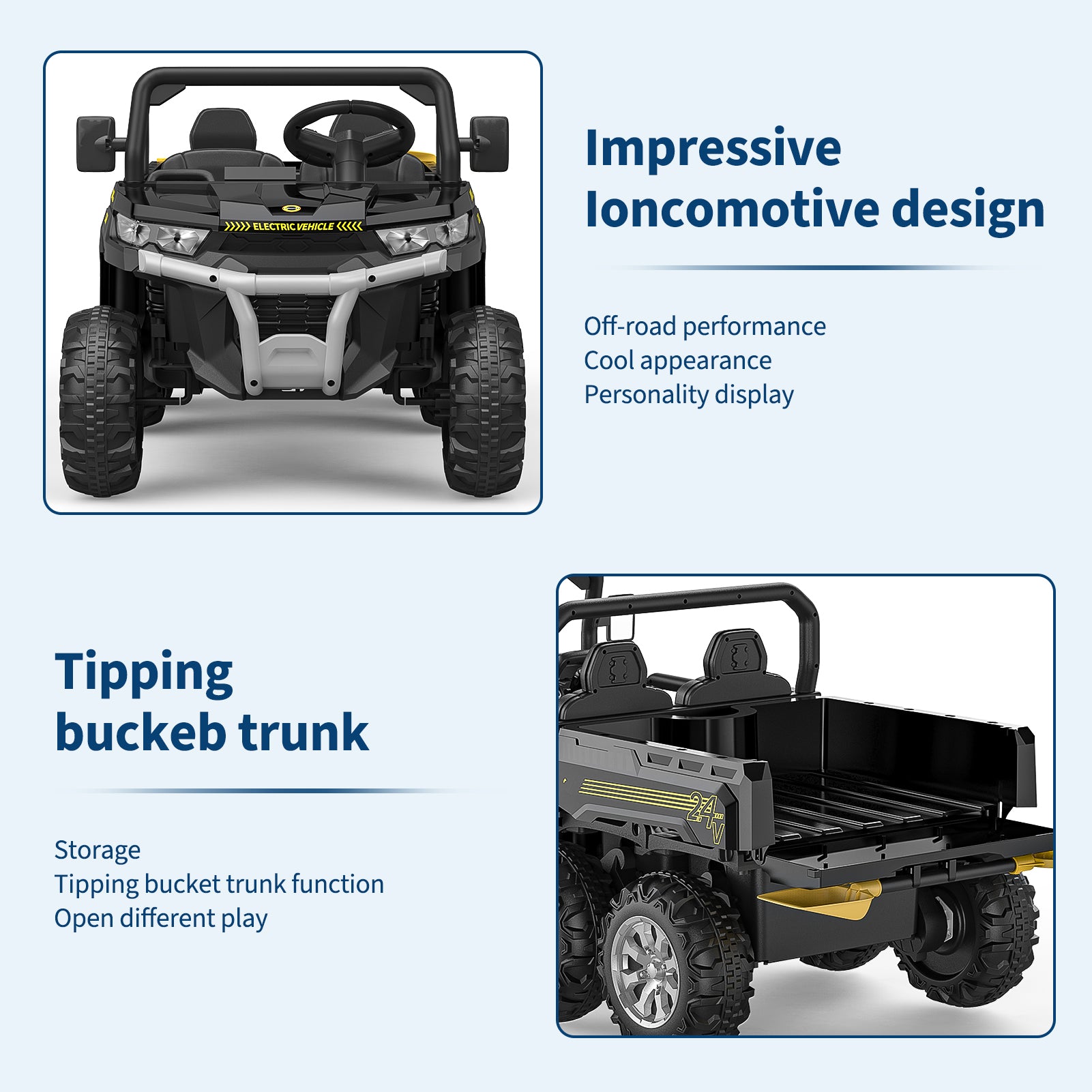 Garvee 24V Electric Dump Truck for Kids, 2 Seater Ride On Car with Parent Remote Control, 4WD 6-Wheel, UTV Style Dump Bed, Bluetooth Music, Black