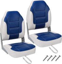 Garvee 2 Pack High Back Folding Boat Seats + Thickened Sponge Padding + Weather-Resistant PVC + Aluminum Hinges + Blue/White + Fishing, Speedboat, Canoe