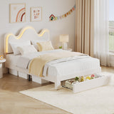 Garvee Full LED Bed Frame with Adjustable Wavy Headboard, Storage Drawer, Kids Lamb Fleece Fabric, White, Full Size - White
