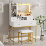 Garvee Vanity Desk And Stool With Mirror And Lights Makeup Vanity With Charging Station Bedroom White 53.7x31.5x15.4 in