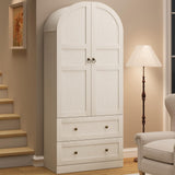 Garvee 71" Tall Arched Bookcase Cabinet Wood Arched Bookshelf with Doors & Drawers for Office Living Room Retro White - Retro White With Wood Door