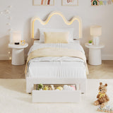 Garvee Twin Bed Frame with Adjustable Headboard and Storage Drawer for Kids, Lamb Fleece Fabric, White, LED Light, Wooden Slats Support - White
