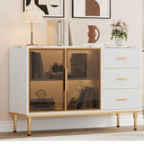 Garvee Fluted Sideboards Buffets Cabinet with Glass Doors, Marble Top, 46.5in White for Dining & Living Room