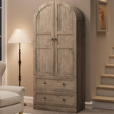 Garvee 71" Tall Arched Bookcase Cabinet Wood Arched Bookshelf with Doors & Drawers Farmhouse Storage Cabinet 71.8"H x 30"W Retro Gray - Retro Gray With Wood Door