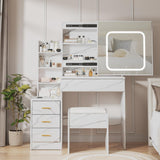 Garvee Vanity Desk with Sliding Mirror and Lights, Makeup Vanity Set with 4 Drawers, Stool, Power Outlet, Open Shelves, 3 Color Adjustable Lighting Modes, Marble White, 35.4"W x 14.2"D x 51.2"H - Marble White