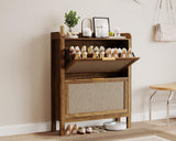 Garvee Farmhouse Rattan Shoe Cabinet 32 Inch Narrow Shoe Storage Brown With 2 Flip-Down Drawers For Entryway Organizer