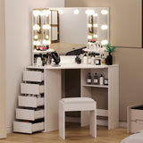 Garvee Corner Vanity Desk and Bench with 3-Folding Lighted Mirrors, Charging Station, 5 Drawers for Bedroom, Elegant White