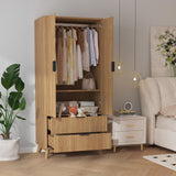 Garvee 71" Armoire Wardrobe Closet with 2 Drawers & 2 Doors, Adjustable Shelves, Aluminum Hanging Rod for Bedroom, Locker, Modern Wooden, Multifunctional Storage - Oak Wave