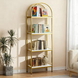 Garvee Arched Bookshelf 4 Tier Industrial Metal Frame Bookcase for Living Room Bedroom, Modern Freestanding Storage Rack, Wood Grain/Marble Finish - 4-Tier Reinforce-White+Gold