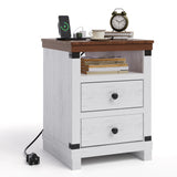Garvee Farmhouse Nightstand with Charging Station, 2 Drawers, USB Ports, White, 18.11" W for Bedroom & Living Room