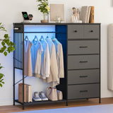 Garvee Dresser With Hanging Rack, 6 Fabric Drawers, Wooden Top Storage Chest, Charging Station & LED Lights, Closet, 49.2 Inch, Multi-Color - Black
