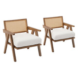 Garvee Mid Century Modern Accent Chair Set of 2 With Rattan Backrest, Solid Wood Legs, Beige Linen Cushion for Living Room, Bedroom, Balcony