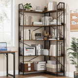 Garvee 72" L-Shaped Corner Bookshelf 5-Tier Industrial Bookcase Beaded Accents Living Room Bedroom Black