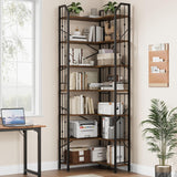 Garvee 86" L-Shaped Corner Bookshelf 7-Tier Industrial Bookcase Beaded Accents Living Room Bedroom Black