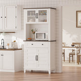 Garvee Coffee Bar Cabinet 72 in White Farmhouse Kitchen Storage with Drawers & Glass Doors
