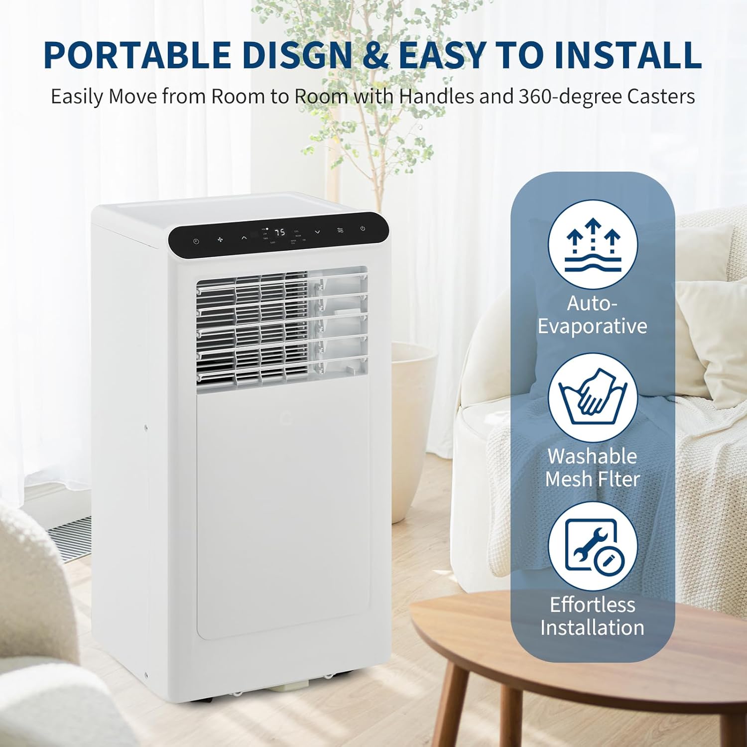 Garvee 10000BTUs Portable Air Conditioner, 4-in-1 Portable Air Conditioner & Heater，Quiet Cooling & Heating, Dehumidifier, Fan Modes for Room Up to 450 Sq. Ft, Auto Swing, 24 Timer, White
