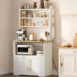 Garvee Farmhouse Microwave Stand Bakers Rack With Power Outlet, 63" Freestanding, White Peer Wood, Small Kitchen Storage Cabinet