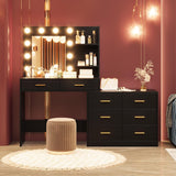 Garvee 61" Make Up Vanity Desk with Mirror and Lights, 8 Wide Storage Drawers, 3 Lighting Modes, Adjustable Brightness, Black for Bedroom - Black