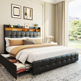 Garvee Full Bed Frame with Headboard and 2 Storage Drawers, LED Light, USB Charging, Black, Full Size, Modern Plush Fabric - Black