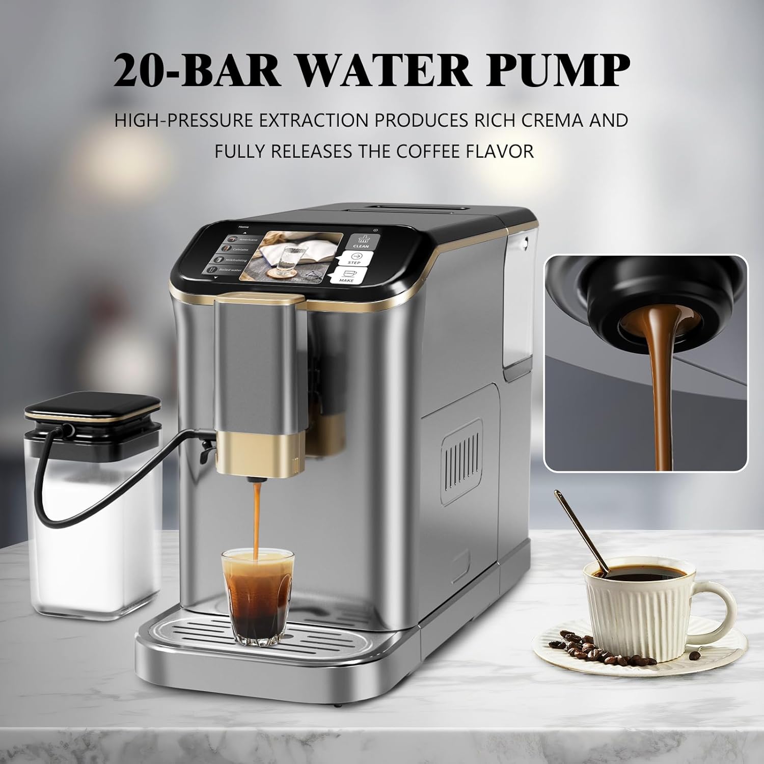 Garvee Best fully automatic espresso machine, Espresso Coffee Machines With Milk Frother Steam Wand, Insulated Milk Container for Cappuccino, Latte, Espresso Maker (20 bar, Gold)