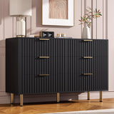 Garvee Fluted 6 Drawer Dresser Black for Bedroom Living Room Hallway Kids Room, 47.2 in Wide Modern Wooden Chest of Drawers TV Stand - Black/Gold