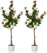 Garvee 4FT Artificial Camellia Tree 2 Pack with Pink Blooms in White Pot for Indoor Decor