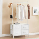 Garvee Clothing Racks with 4 Drawers, Metal Frame, Wooden Top, Hanging Rod, Side Hooks for Bedroom, Hallway, White, Adjustable Size