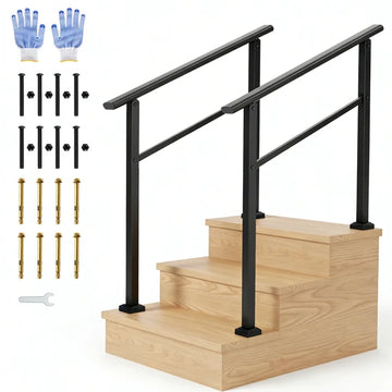 Garvee 3 Step Outdoor Stair Handrail Kit Black Aluminum Iron Porch Steps Adjustable 0-45° Safety Railing
