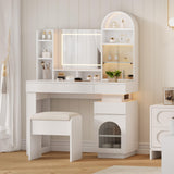 Garvee Arched Vanity Desk with Mirror and Lights, White Makeup Vanity Table with 3 Drawers and 11 Storage Shelves, Large Dressing Table with Outlet, Light Strip & Vanity Stool for Bedroom, 41.33" L × 15.74" W × 49.84" H