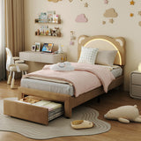 Garvee Twin XL Size LED Bed Frame with Adjustable Bear Headboard, Storage Drawers, Soft Velvet Brown, Kids & Teens