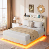 Garvee Queen Size Floating Bed Frame With RGB LED Lights, Charging Station, Storage Headboard, Beige, No Box Spring Needed - Beige