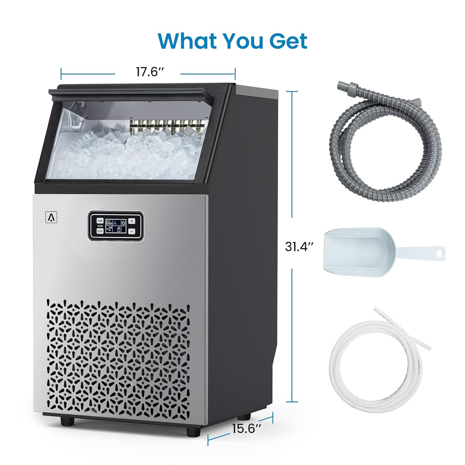 Garvee Ice Maker Machine with 33LBS Storage Bin& Ice Scoops 100LBS/24H Ice Maker Stainless Steel Freestanding Ice Machine for Restaurant Home Bars Coffee Shop