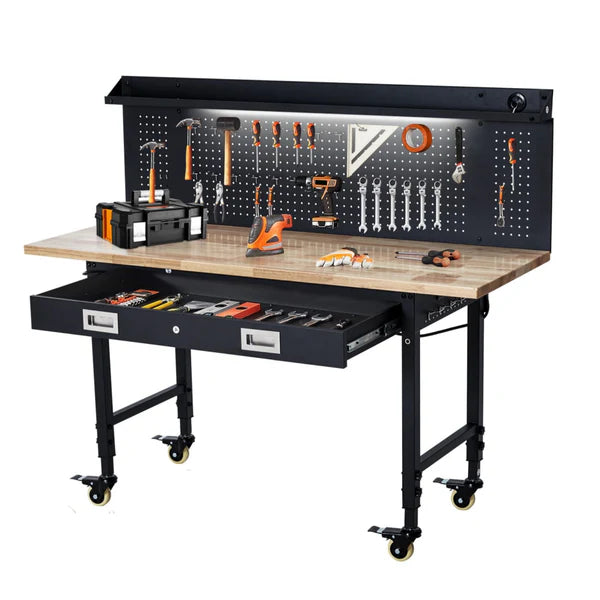 Garvee 60" Adjustable Height Workbench With Rubber Wood Tabletop, Pegboard, Storage Drawers, Wheels, Power Outlet For Garage Workshop, 2000lbs Capacity, Black
